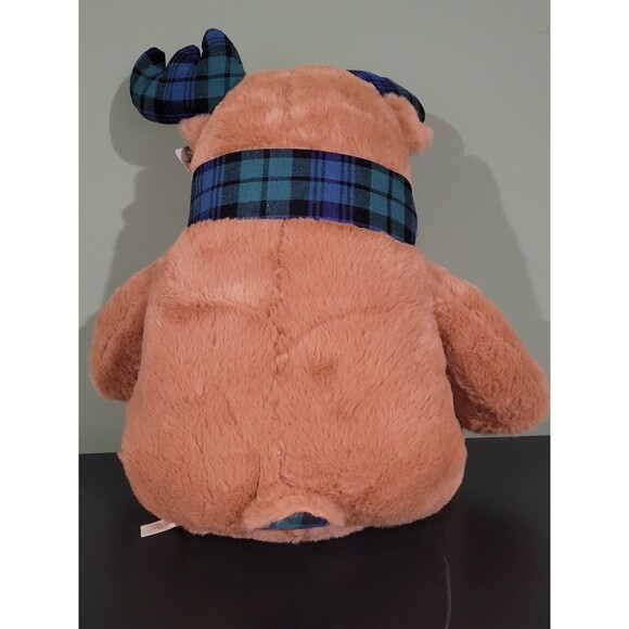 Holiday time 16" moose with plaid designed scarf, antlers, and feet soft toy - Picture 4 of 6